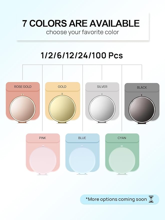Compact Mirror for Purse, Pack of 24 Double-Sided 1X/2X Magnifying Metal Pocket Makeup Mirrors(Round, Light Blue)