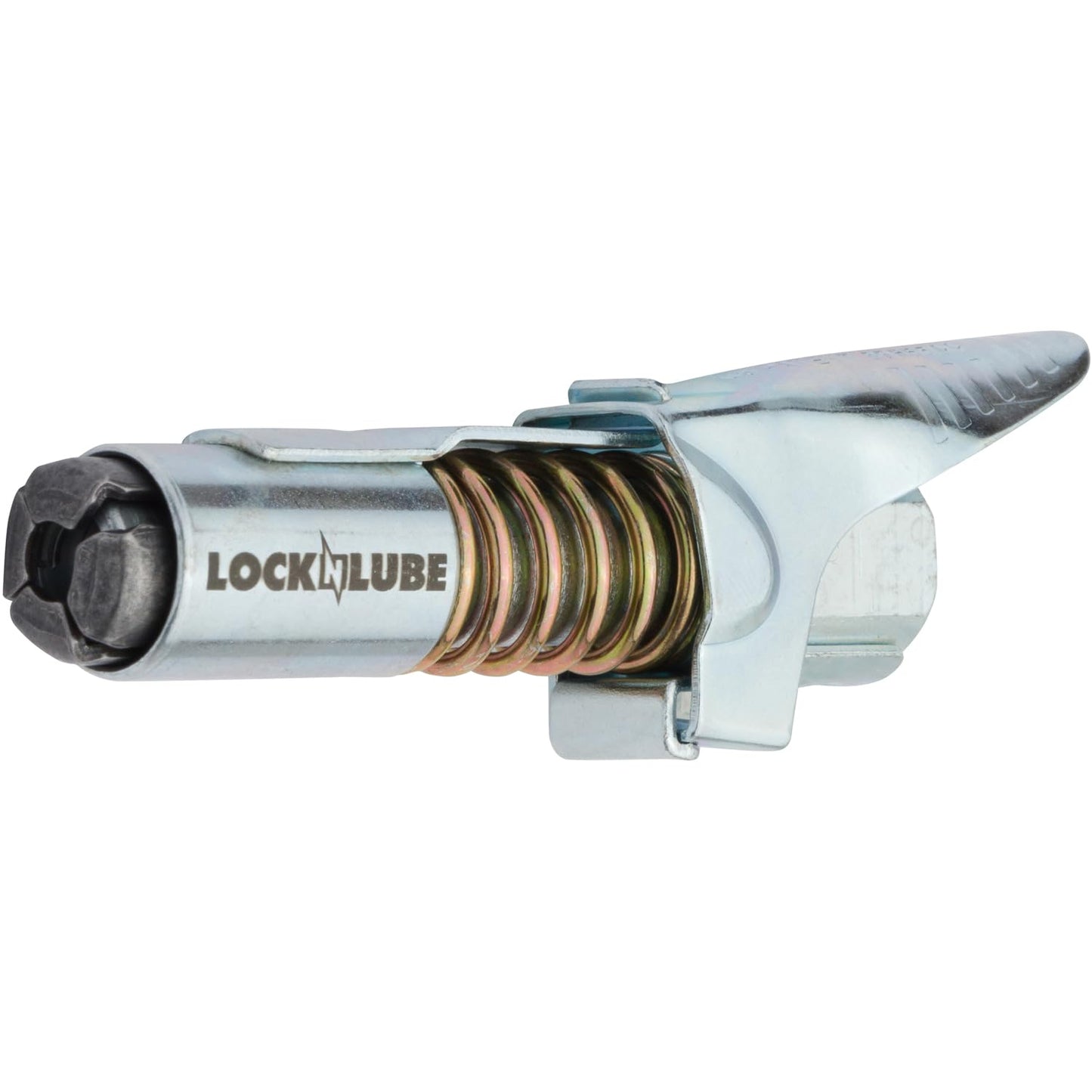 LockNLube Grease Gun Coupler locks onto Zerk fittings. Grease goes in, not on the machine. World's best-selling original locking grease coupler. Rated 10,000 PSI. Long-lasting rebuildable tool.