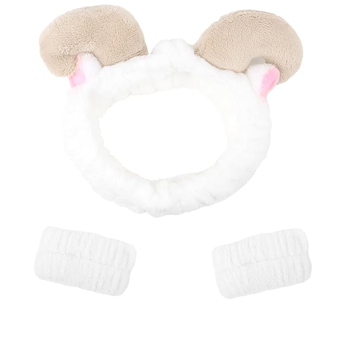 CAVETEE 3 Piece Hairband and Wristband Set for Women, White Sheep Horn Makeup Headband and Wristband for Skincare, Shower, Hair Styling, Securing Hair