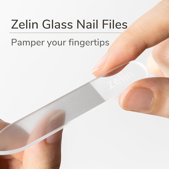 zelin Premium Glass Nail File for Natural Nails with Leather Case, 3 Pcs Single-Sided Crystal Nail Files for Stronger, Smoother Nails, Reusable Manicure Tool, Ideal Valentines Day Gifts for Her