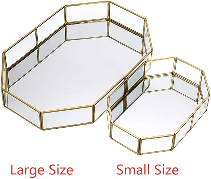 Hipiwe Gold Perfume Tray - Glass Mirror Makeup Tray Ornate Vanity Tray Dresser Tray Jewelry Trinket Organizer Tray for Bathroom Storage Tray for Home Decor,12.4"x 8.5"