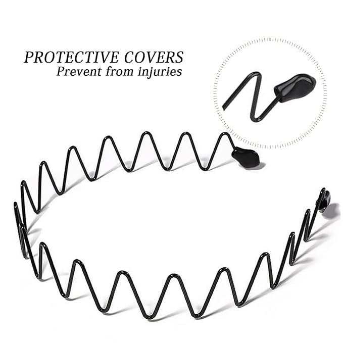 Metal Headbands for Men & Women – Generous Fit for Larger Heads & Thick Hair – Black Wavy Non-Slip Hair Bands for Sports, Gym, Yoga and Daily Wear (3 Pack)