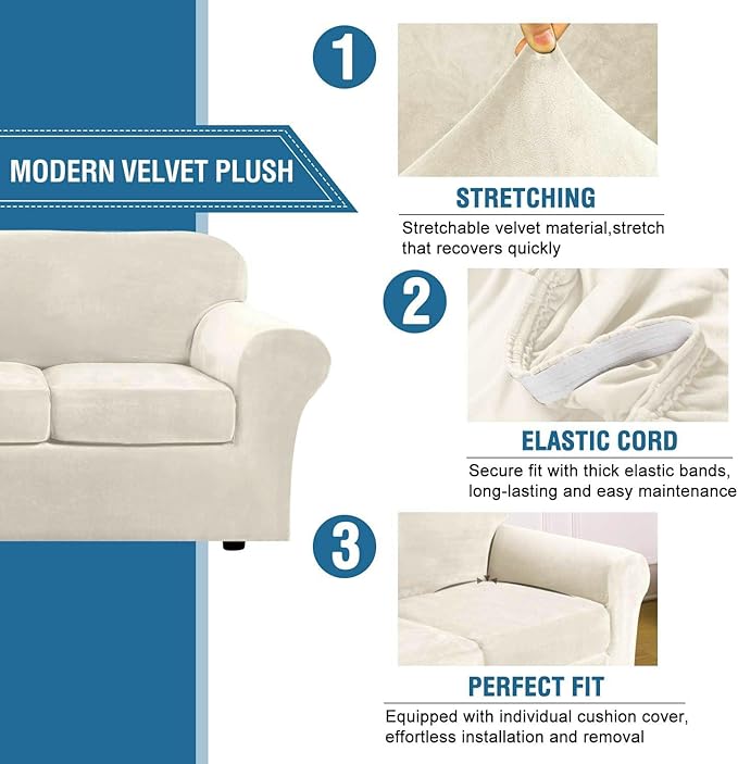 H.VERSAILTEX Modern Velvet Plush 4 Piece High Stretch Sofa Slipcover Furniture Protector Form Fit Luxury Thick Sofa Cover for 3 Cushion Couch, Machine Washable Width Up to 90 Inch(Sofa,Ivory)