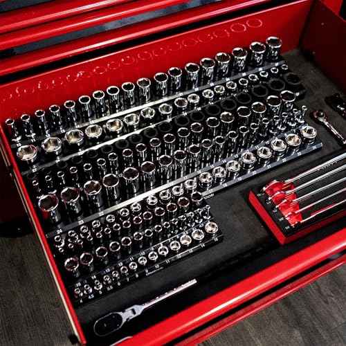 Olsa Tools Magnetic Socket Organizer (3/8-Inch Drive, 3 Row) - Magnetic Tool Organizer & Socket Holder - Tool Box Socket Organizers - Metric Black - Holds 54 Sockets - Professional Grade - Part: 1553