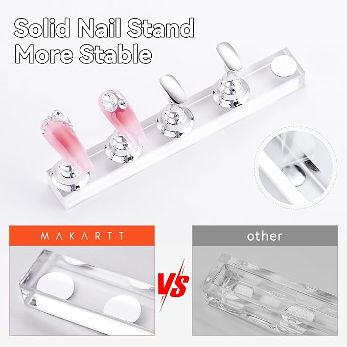 Makartt Press On Nail Stand: Silver Nail Stand for Nails Art Display Practice Nail Holder for Painting Nails Stand for False Nail Press On Designs Magnetic Fake Nail Holder with 1M Double-sided Tape