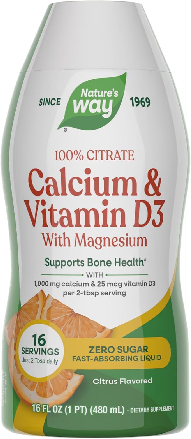 Nature's Way Calcium & Vitamin D3 with Magnesium Liquid Supplement, Calcium & Vitamin D Supplement, Supports Bone Health*, Fast-Absorbing Liquid, Gluten Free, Citrus Flavored, 16 Fl Oz (Pkg May Vary)