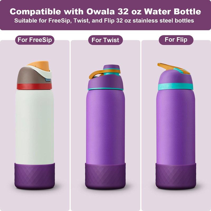 Alwenid 2PCS Silicone Water Bottle Boot for Owala 32 Oz, Anti-Slip Protective Sleeve Bottom Bumper Protector for FreeSip, Twist, and Flip Stainless Steel Water Bottles (Dark Purple)