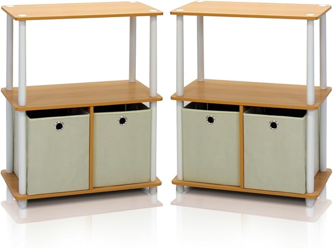 Furinno TURN-N-TUBE Storage Shelves Set of 2, 3-Tier Toolless Book Shelf with Storage Bins, Display Shelf, for Organization and Storage, Living Room, Garage, Home Office, Beech
