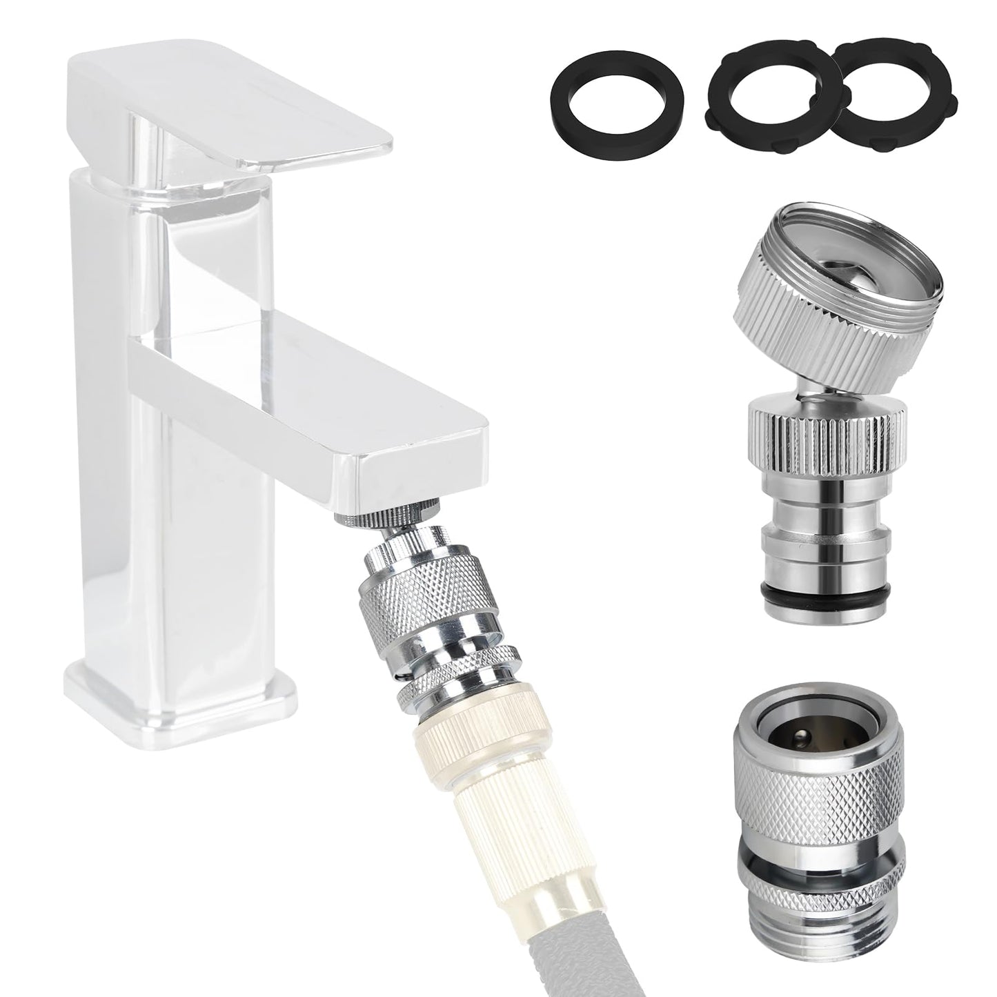 Hibbent Faucet Adapter Kit, Swivel Adapter to Connect Garden Hose - Multi-Thread Solid Brass Quick Connector Garden Hose Fitting 3/4 Inch - Chrome