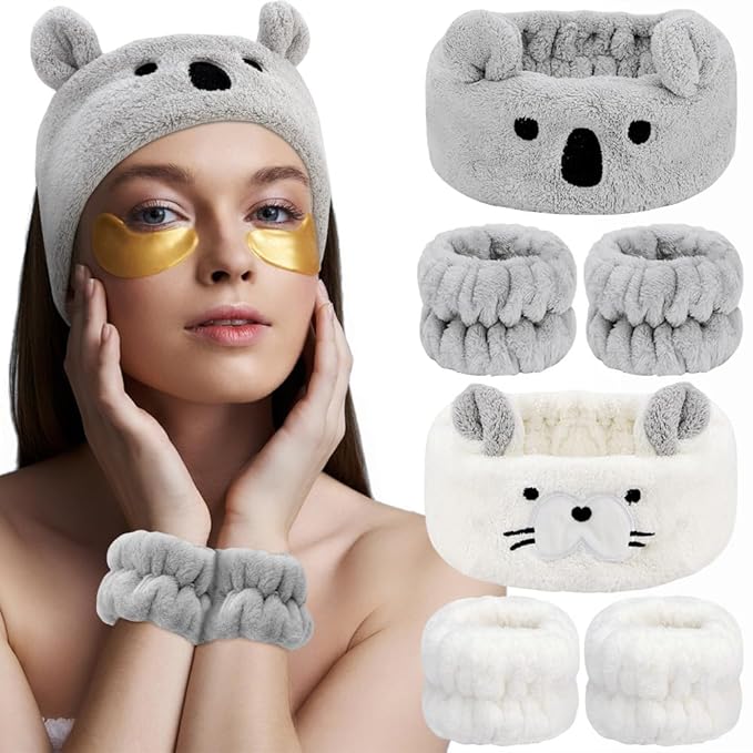 AHONEY Face Wash Headband and Wristband Set, Cute Makeup Spa Skincare Headbands Wrist Bands for Washing Face Headband for Women Girls Elastic Animal Hair Band (White&Grey)