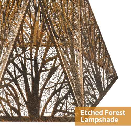 Etched Metal Lampshade, Hexagonal Lamp Shade with Antique Bronze Exterior&Gold-plated Interior, 7" Top x 13.8" Bottom x 9.5" Height, Spider Fitter