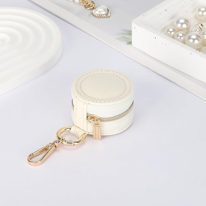Jewelry Ring Holder Box with Keychain, Portable Gym Jewelry Storage Box Case, Small Travel Ring Earring Stud Necklace Storage Case (White)
