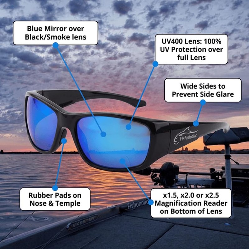 Fishoholic Polarized Bi-Focal Fishing Sunglasses with Reader Magnification (1.5x, 2.0x, 2.5x Options) and UV400 Protection
