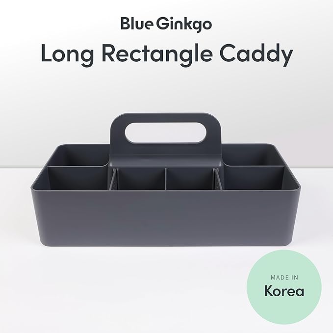 BLUE GINKGO Stackable Organizer Caddy – Korean-Made Portable Tote for Bathroom, Office, Crafts, or School Supplies (Long Rectangle, Gray)