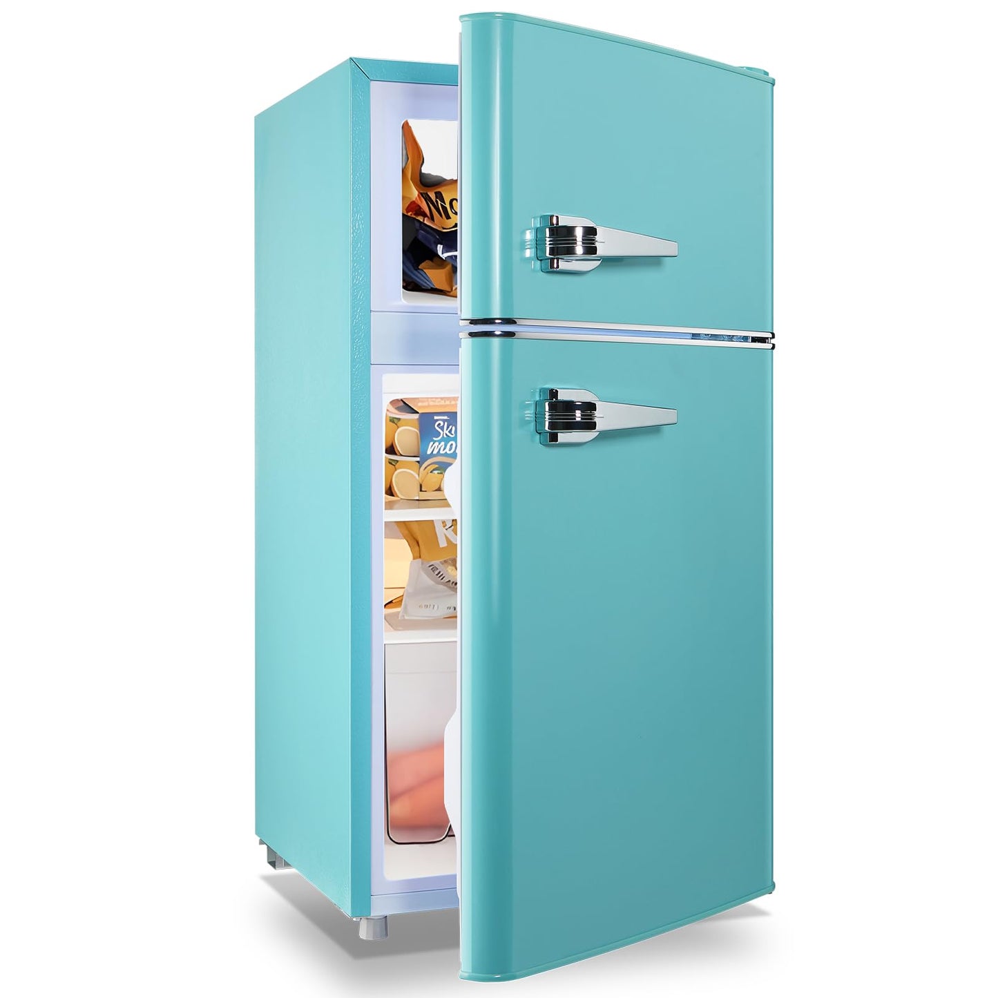 TACOOL Small Fridge with Freezer Mini Refrigerator Double door Removable Glass Shelves 7 Temp Gear Detachable Handle Blue