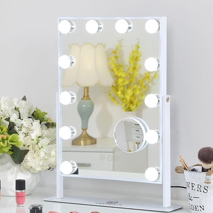 FENCHILIN Lighted Makeup Mirror Hollywood Mirror Vanity Makeup Mirror with Light Smart Touch Control 3Colors Dimmable Light Detachable 10X Magnification 360°Rotation