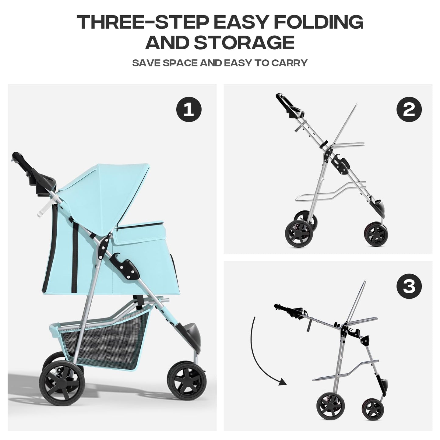 Pet Stroller for Small Dogs 10 lbs, Dog Stroller for Medium Dogs 30 lbs, Cat Strollers for 2 Cats, 3 Wheels Foldable Jogger Puppy Stroller with Storage Basket and Cup Holder, Mint