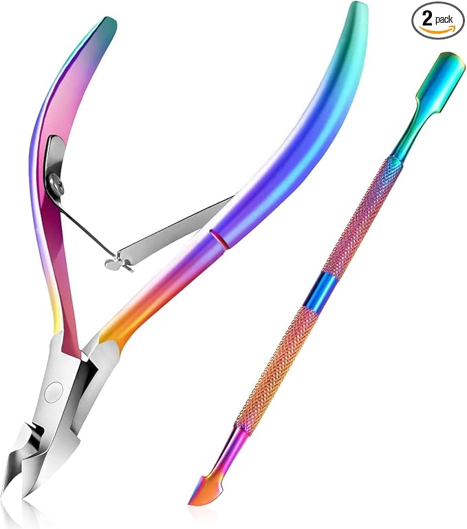 Easkep Cuticle Trimmer with Cuticle Pusher, Cuticle Remover Professional Stainless Steel Cuticle Cutter Nippers Rainbow Sharp Sturdy Pedicure Manicure Tools for Fingernails and Toenails 1