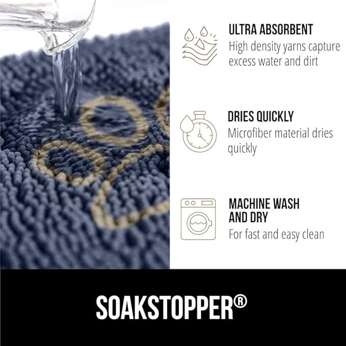 GORILLA GRIP SoakSTOPPER Dog Door Mat, 48x30 Machine Washable Rug Absorbent Doormat Captures Moisture Mud Dirt, Quick Dry Soft Chenille Entryway Rugs Indoor Entrance Mats for Dog Paws, Navy