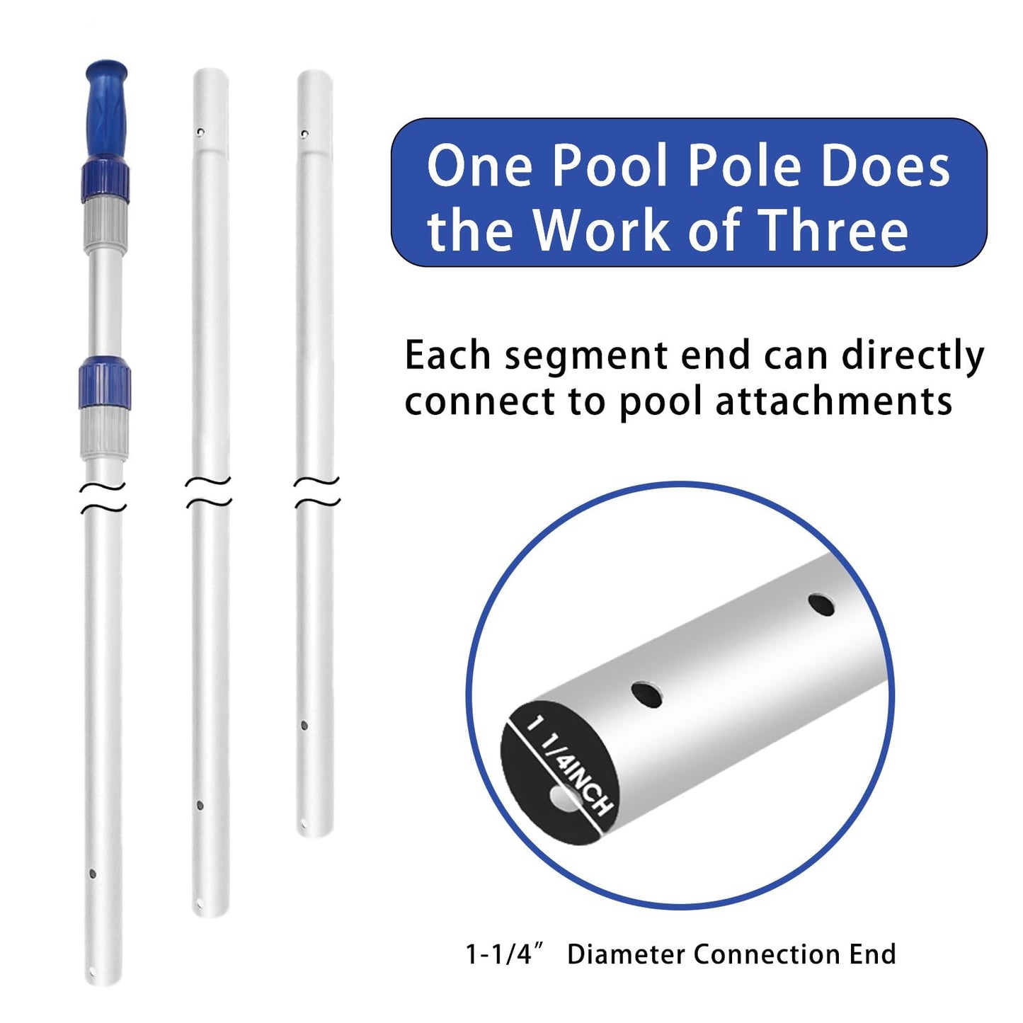 Poolvio 15 FT Telescopic Pool Pole - Adjustable 3 Piece Aluminum Pool Skimmer Pole for Pool Cleaning Skimmer Nets Vacuum Heads & Brushes, Strong Grip & Lock