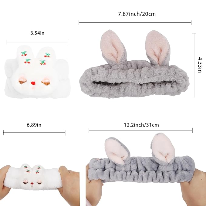YISSION Bunny Ear Spa Headband & Wristband Set for Women and Girls - Soft Plush Makeup Headband with Embroidered Bunny Wrist Towels for Face Washing, Skincare, Easter (Gray & White)
