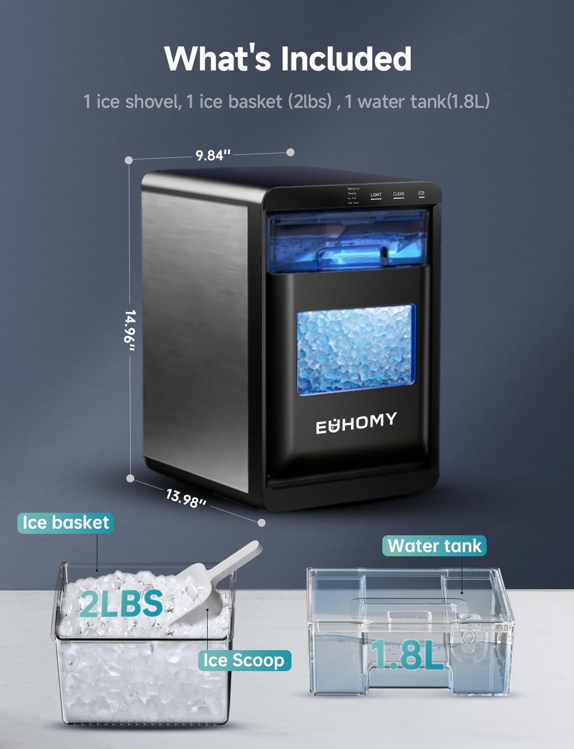 EUHOMY Nugget Ice Maker Countertop, 44Lbs/24H Sonic Ice Maker Machine, Self-Cleaning Pellet Ice Makers with Ice Scoop&Basket, Countertop Pebble Ice Maker for Home/Kitchen/Office
