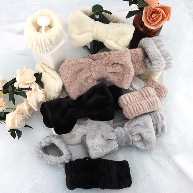 AOPRIE SPA Headbands for Washing Face Makeup Headbands with Bow Hair Band Women Facial Head Band Laurel Wrist Towel Wraps For Shower Face Mask Gray Black White Beige, 12 Pack