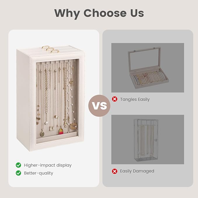 Lolalet Necklace Organizer Box, Jewelry Storage Box with Clear Window for Necklaces Bracelets, Tangle-Free Necklace Display Case for Women Girls -White, 3 Layers 30 Hooks