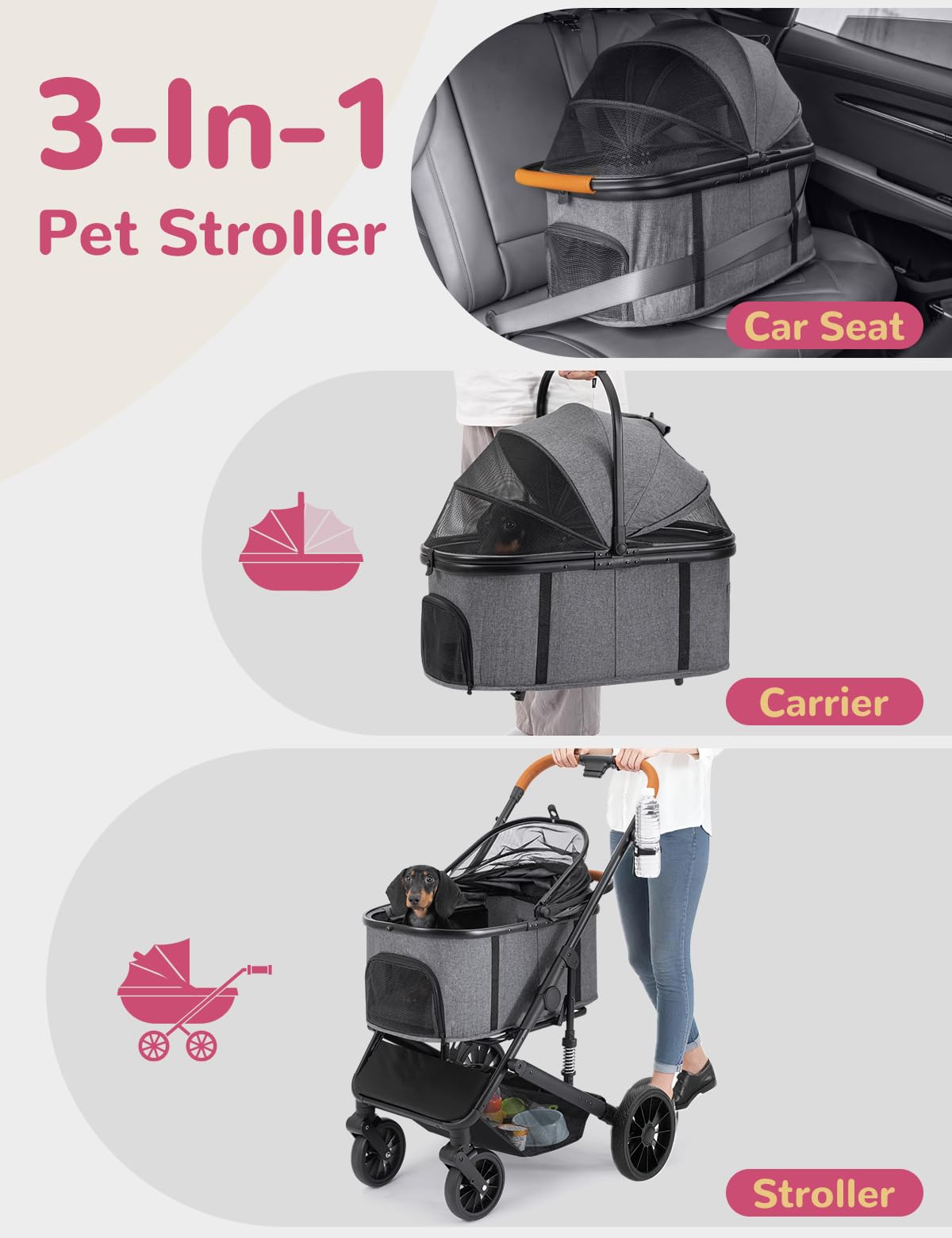SUNTHX Dog Stroller for Small Medium Dogs Up to 60lbs, 4 Wheels Folding Pet Stroller with Detachable Carrier, Pet Travel Carrier for 2 Dogs & Cats, Storage Basket, Breathable, Grey