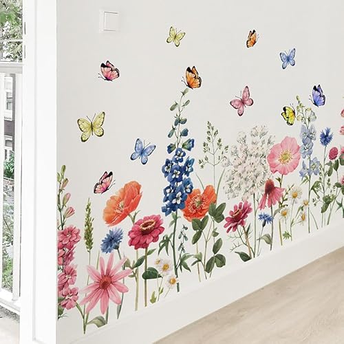 Wildflower Wall Decals Daisy Wildflower Grass Butterflies Wall Stcikers for Girls Bedroom, Living Room, Kids Room Wall Decor