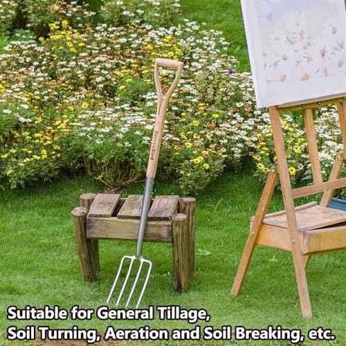 Berry&Bird Garden Digging Fork, 37.4" Stainless Steel Garden Spading Fork with D-Grip Handle, 4-Tine Heavy Duty Long Handled Pitchfork with Ash Wood Handle for Digging, Planting, Cultivating, Aerating