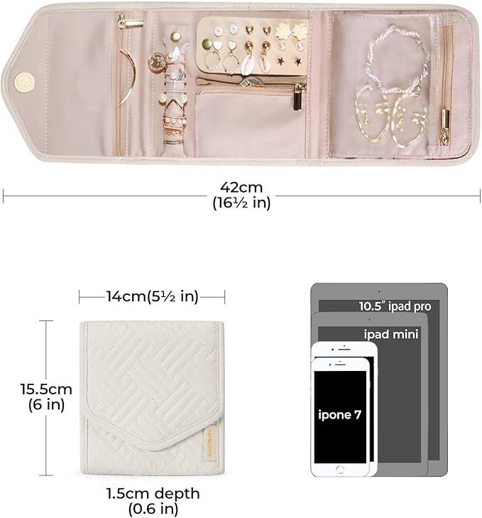 BAGSMART Travel Jewelry Organizer Case Foldable Jewelry Roll for Journey Rings, Necklaces, Earrings, Bracelets,Mini,Beige