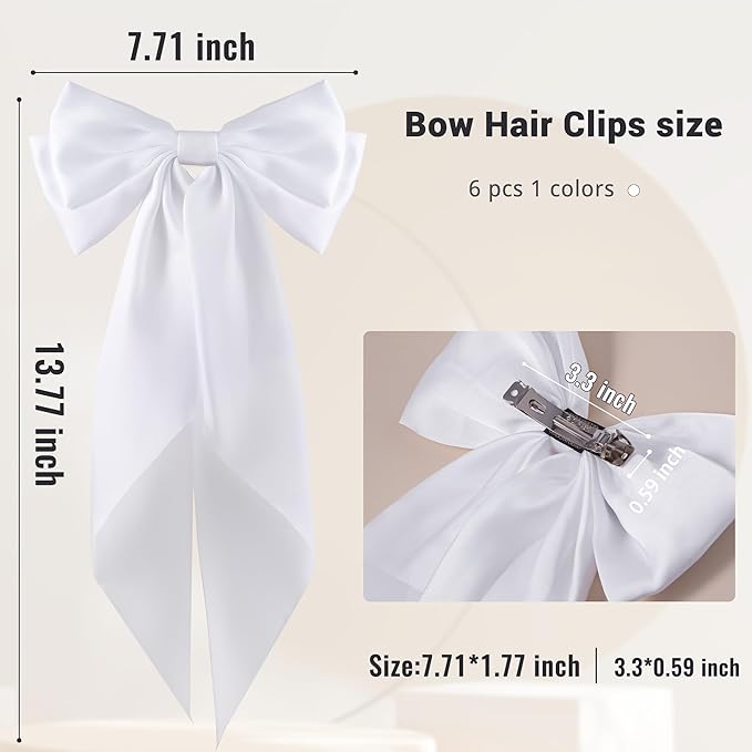 6Pcs Large Bows Hair Clips for Women Girls Long Tail Hair Ribbon Silky Satin Barrettes Coquette Bows Accessories (White)