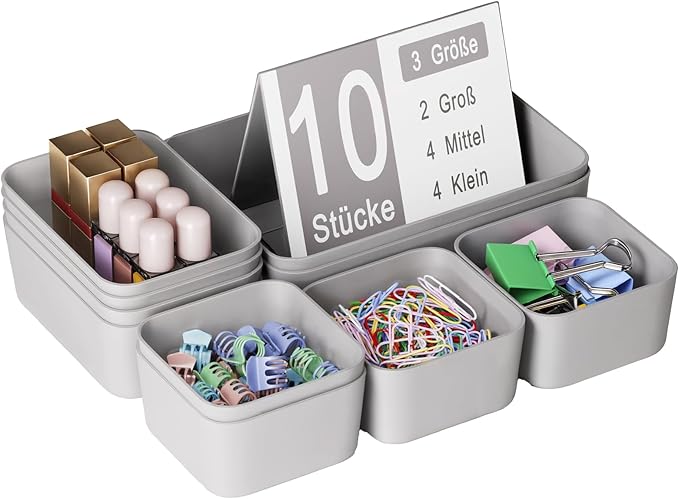 Plastic Drawer Organizers, 10 PCS Drawer Organizer Bins, Bathroom and Vanity Organizer Plastic Tray, Makeup Organizer and Storage for Makeup, Bedroom, Kitchen Gadgets Utensils and Office (Gray)
