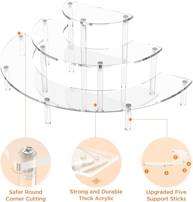 Dooiclear 3 Tier Acrylic Display Risers, Half Moon Cupcake Stand, Clear Perfume Organizer, Dessert Stand for Display, Clear Display Stand for Food, Cupcake, Perfume, Collections