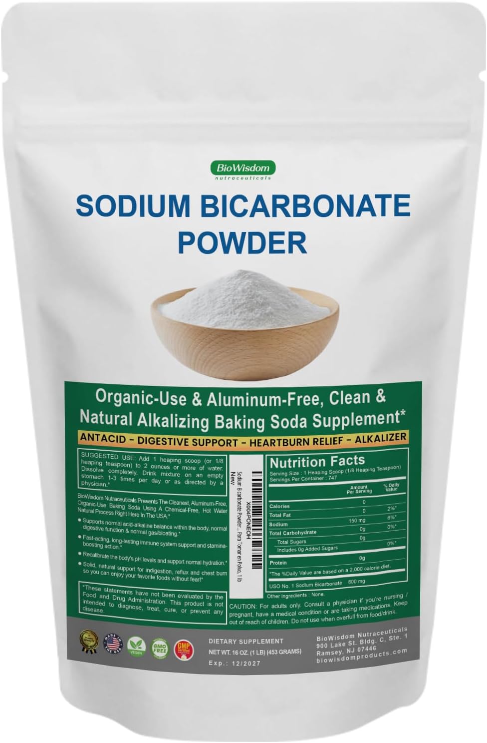 Sodium Bicarbonate Powder for Organic Use, Grade 1 Aluminum Free Baking Soda, Natural No Chemicals, Pure Powder for Cooking, Bicarbonato De Sodio Para Tomar en Polvo, 1 lb