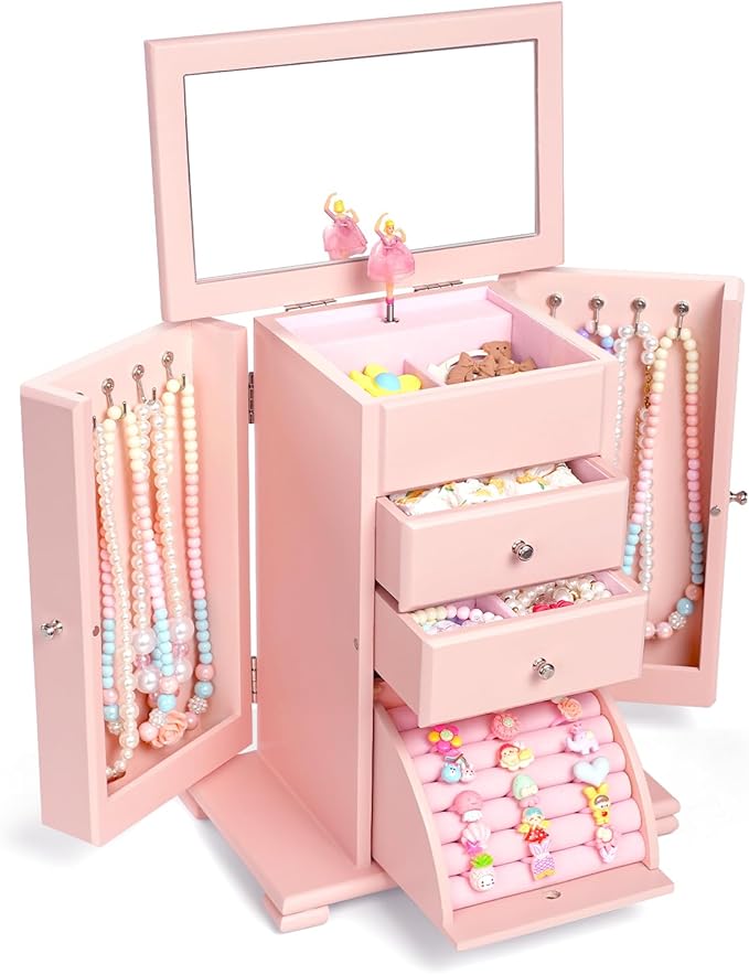 Emfogo Musical Jewelry Box for Girls, Large Kid Music Box with Ballerina for Birthday Bedroom Decor, 5 Layer Girl Jewelry Gifts for Girls Kids - Pink