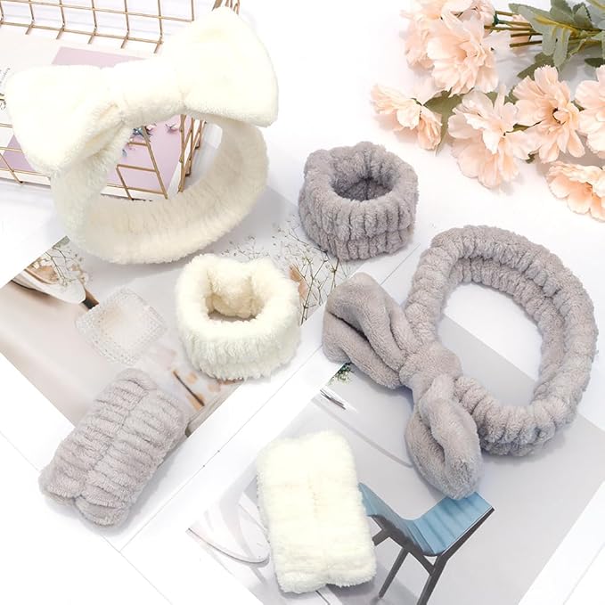 SPA Headbands for Washing Face Makeup Headbands with Bow Hair Band Women Facial Head Band Wrist Towel Wraps For Shower Face Mask White Gray, 6 Pack