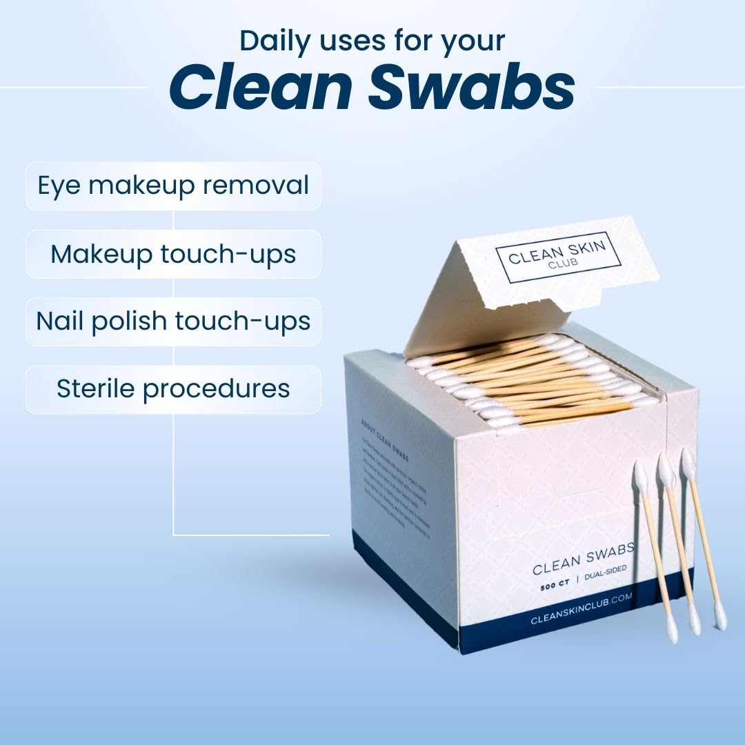 Clean Skin Club Clean Swabs, 2 Pack, 1000 Total Count, One Pointed Tip, Biodegradable + Organic Cotton & Bamboo, Makeup & Nail Polish EyelinerTouch-ups, Ear Cleaning QTips, Sterile, Hypoallergenic