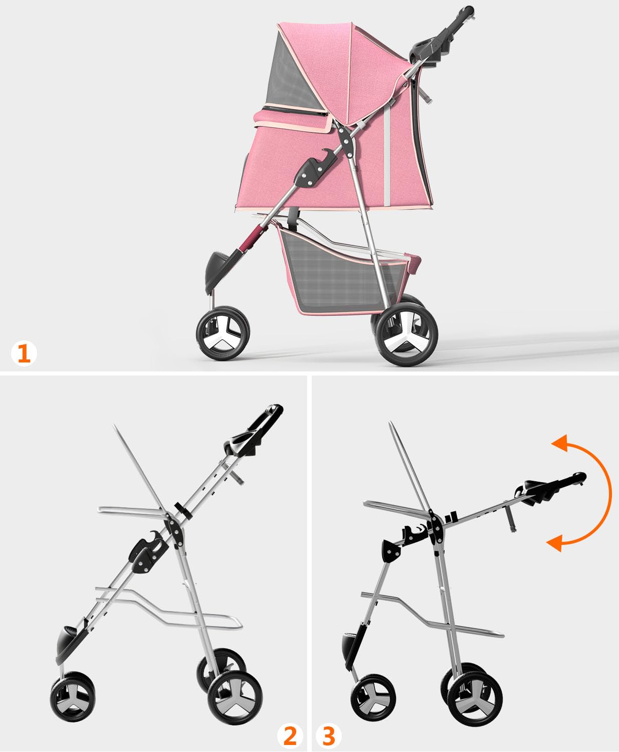 OS MOTOR Pet Stroller with 3 Wheels for Small/Medium Pets, Portable Travel Foldable Carrier Jogger for Dog Cat Puppy Kitty, Rear Wheel Breaks, Storage Basket, Visible Mesh with Weather Cover (Pink)
