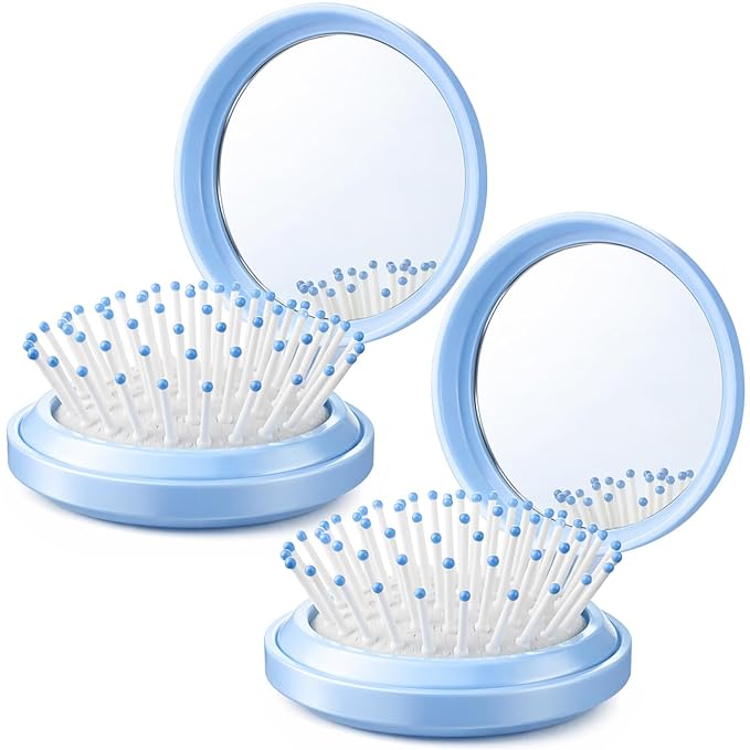Boao 2 Pack Foldable Travel Mirror Hair Brushes Round Portable Folding Pocket Hair Brush Mini Comb Compact Travel Size Massage Comb for Men Women (Blue,Round)