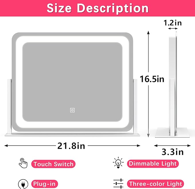 ROLOVE 22x17 Inch Lighted Vanity Mirror with Dimmable LED Lights - 3 Color Modes, Smart Touch Control & 360° Rotating Base - Desk Makeup Mirror (White)