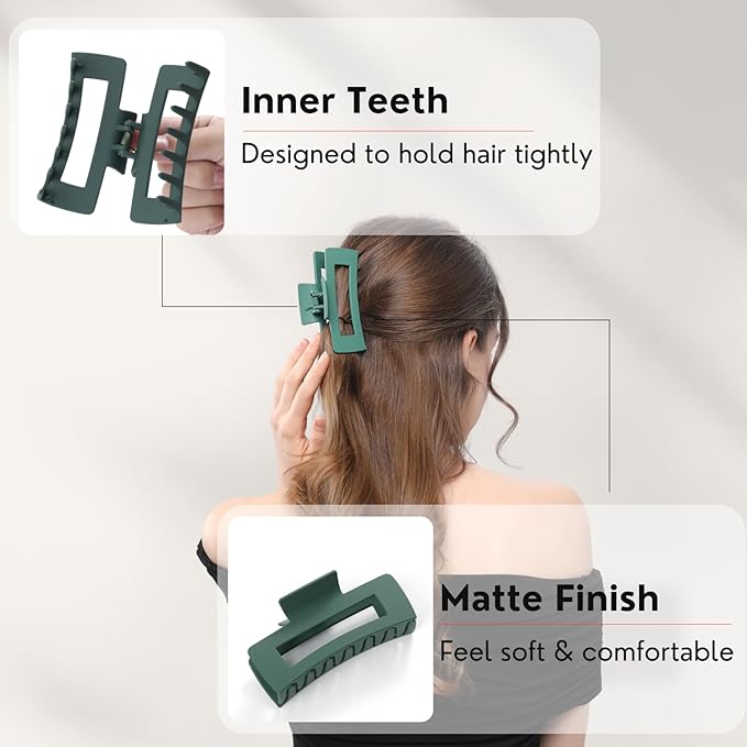 12 Pcs Green Large Square Hair Claw Clips for Women, 4.3-Inch Matte Rectangle Claw, Strong Hold Non-slip Hair Clips for Thick & Thin Hair