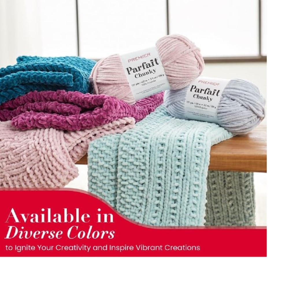Premier Yarns Parfait Chunky Chenille Yarn 3.5 Oz 6 Super Bulky Weight 3 Pack Bundle with Bella's Stitch Place Holders (Blue)