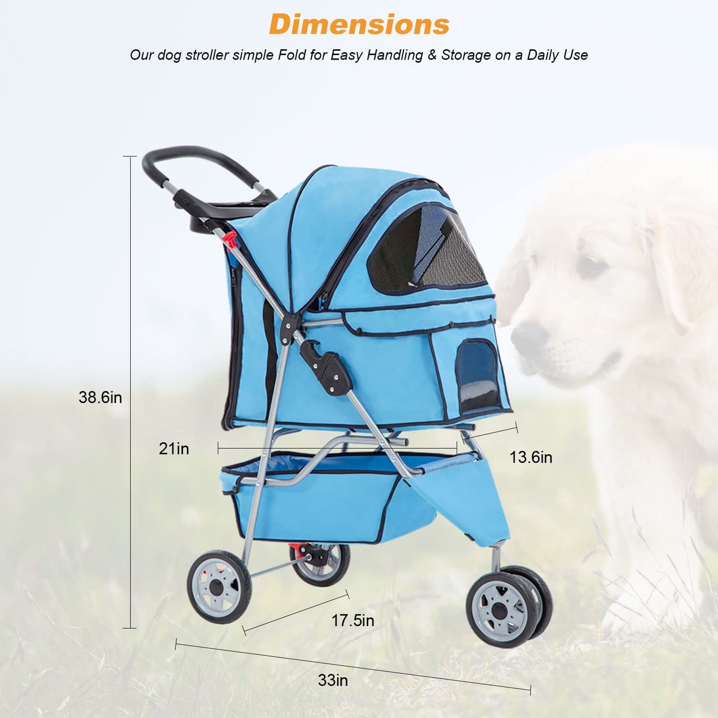 BestPet 3 Wheels Pet Stroller Dog Stroller Cat Cage Jogger Stroller Cats Travel Folding Carrier Waterproof Puppy Stroller with Cup Holder & Removable Liner,Blue