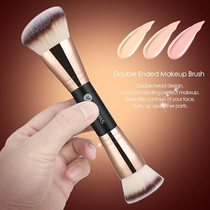 KINGMAS Foundation Brush, Premium Bronzer Makeup Brush, Double Ended Contour Brushes Flat & Angled Round Top for Blending Liquid Powder Concealer Cream Blush