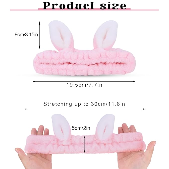 Cute pink Rabbit Ears Headband Frog Eye Elastic to Wash Face for Women Makeup Shower Spa (1 Pack)