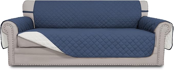 Easy-Going 4 Seater Sofa Slipcover Reversible Sofa Cover Water Resistant Couch Cover with Foam Sticks Elastic Straps Furniture Protector for Pets Children Dog Cat (XX-Large, Dark Blue/Ivory)