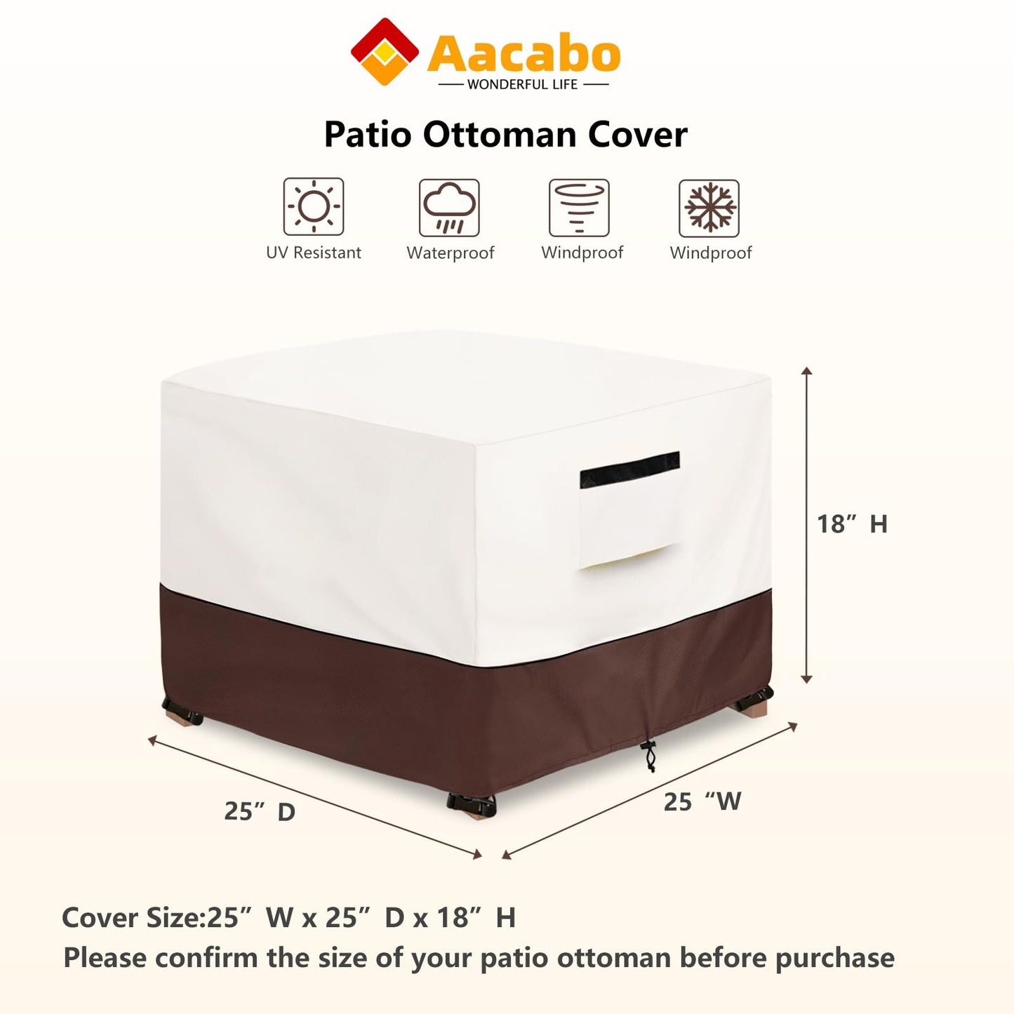 Aacabo Patio Ottoman Cover,25W x 25D x 18H inch,Waterproof Square Patio Small Side Table Cover,Suitable for 3-Piece Outdoor Wicker Patio Bistro Set Side Table(Beige)