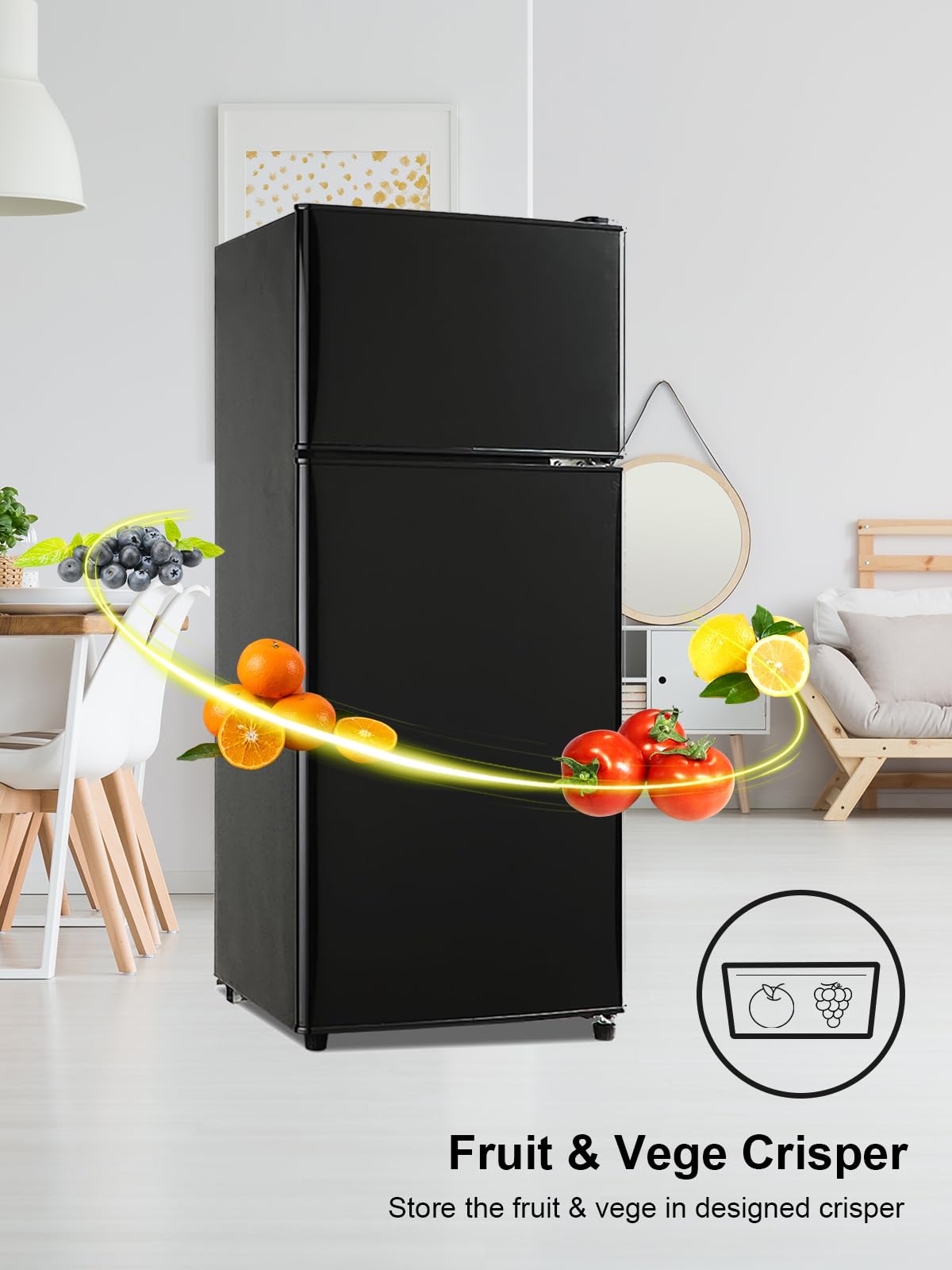 KRIB BLING Refrigerator with Freezer 3.8 Cu.Ft with 7 Level Adjustable Thermostat Control 2 Door Lock Fresh Energy Saving Top-Freezer Compact Refrigerator Black